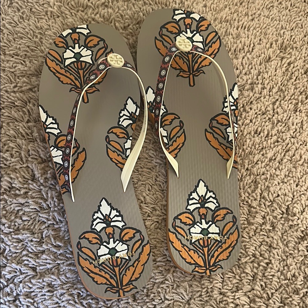 Tory Burch Tan and White Sandals with Floral Embellishments